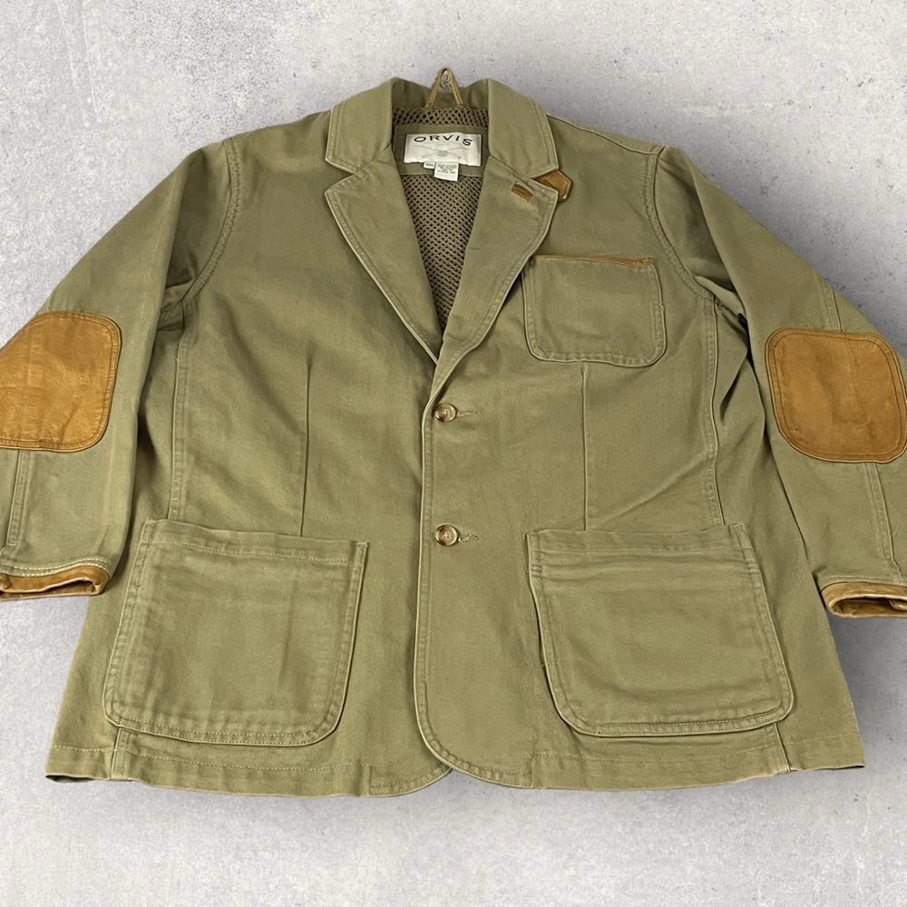Orvis Khaki Jacket with Brown Patches